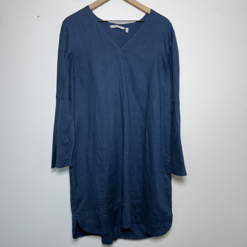 Soft Surroundings Women 100% Linen Dress Large Blue Bell Sleeve Lagenlook Coasta
